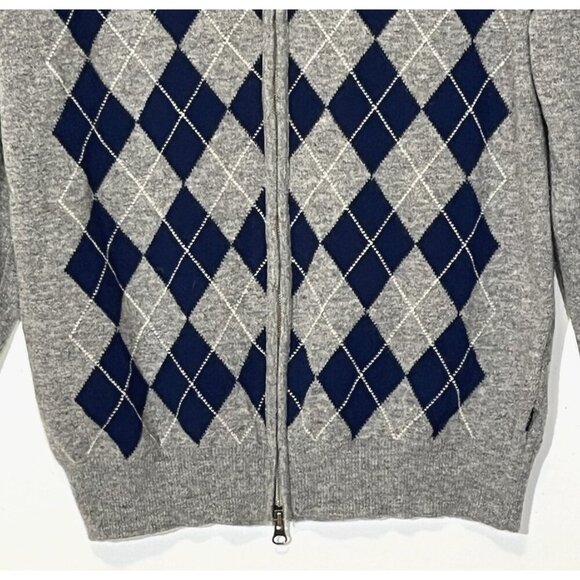 GANT 100% Wool Gray Navy Argyle Zip Cardigan Sweater - Made in Italy - Picture 11 of 11